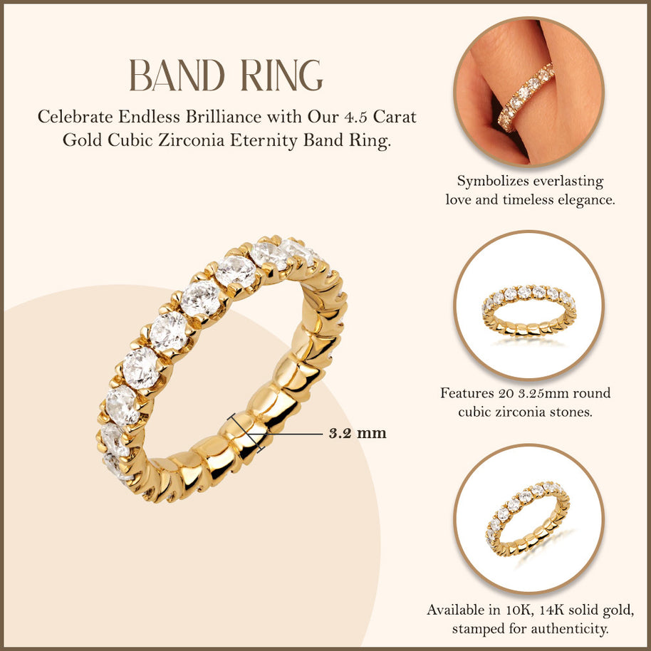 Gold 4.5 Carat Cubic Zirconia Eternity Band Ring (Available in Yellow Gold, Rose Gold, White Gold)