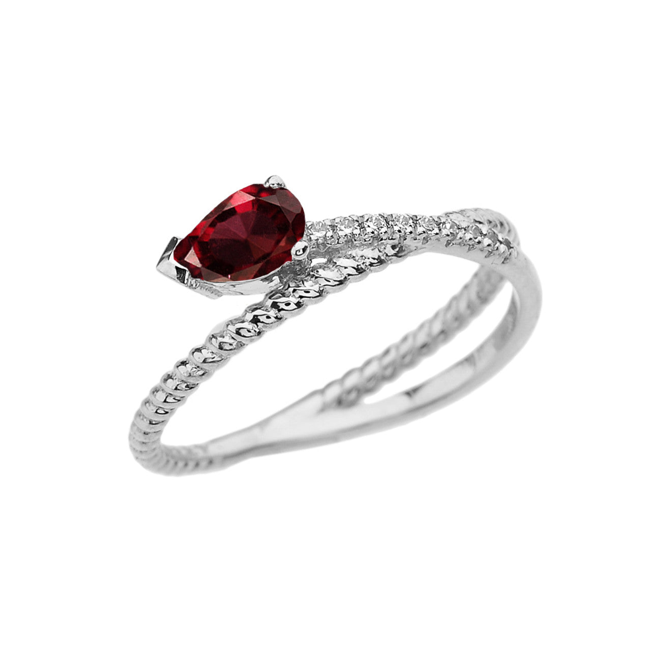 White Gold Criss-Cross Garnet Rope and Diamonds Designer Ring