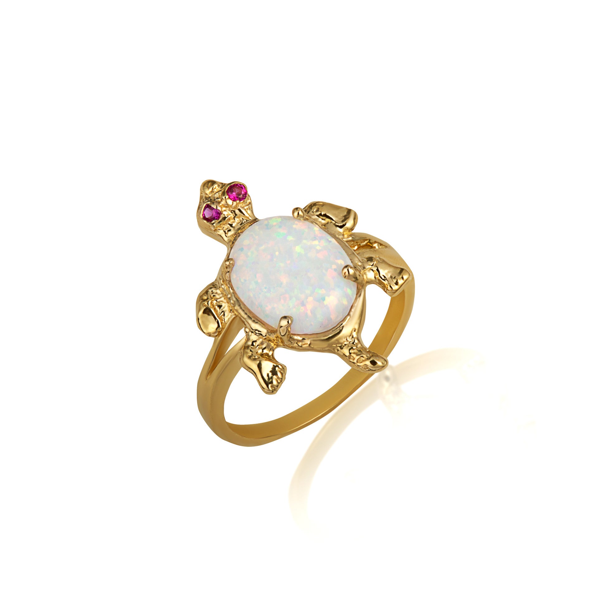 Gold Opal & Ruby Birthstone Sea Turtle Ring (Available in Yellow/Rose/White Gold)