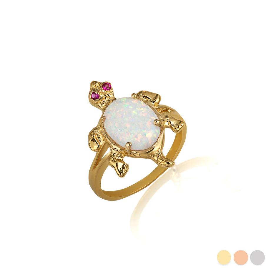 Gold Opal & Ruby Birthstone Sea Turtle Ring (Available in Yellow/Rose/White Gold)