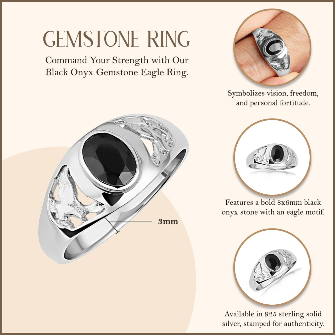.925 Sterling Silver Black Onyx Gemstone Eagle Ring