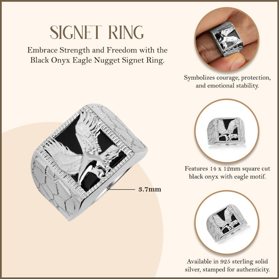 .925 Sterling Silver Black Onyx Eagle Nugget Signet Ring