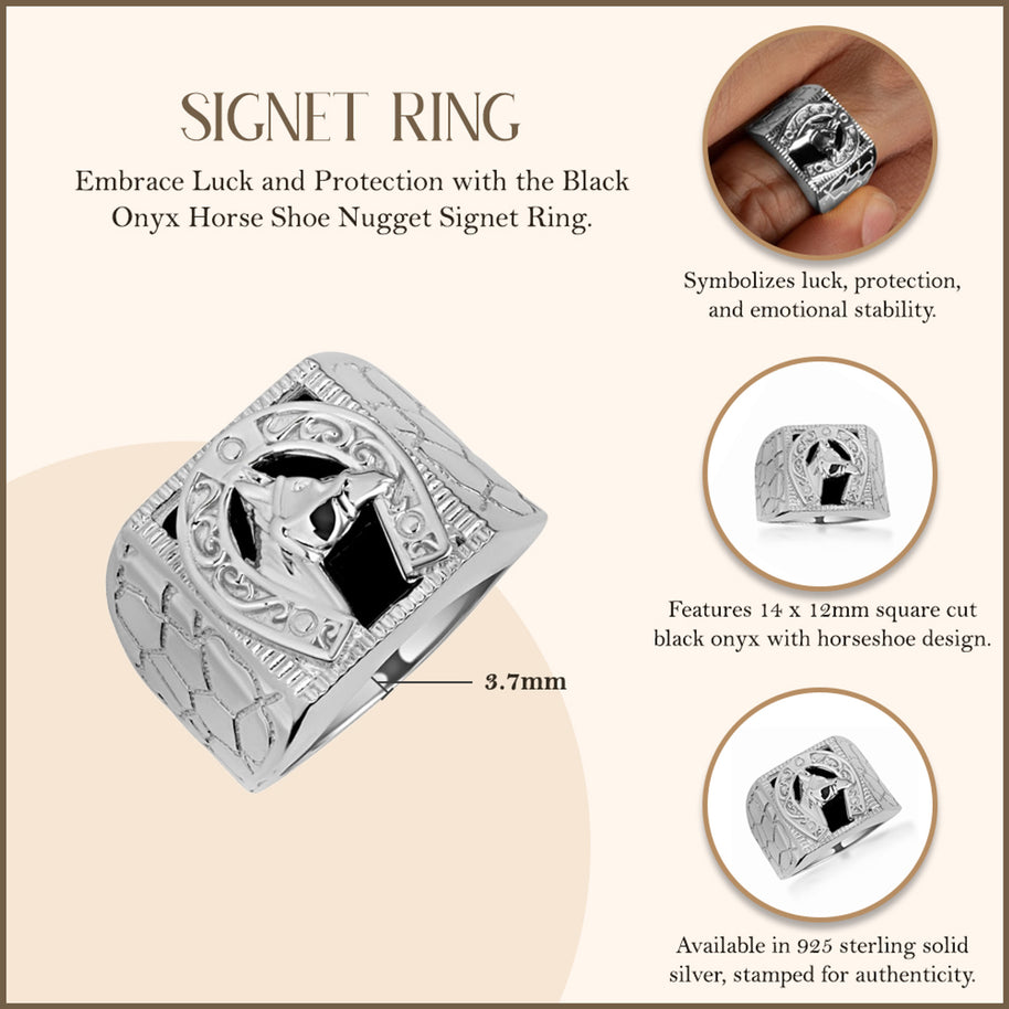 .925 Sterling Silver Black Onyx Horseshoe Nugget Signet Ring