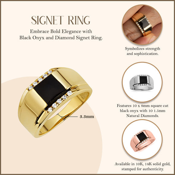 Gold Emerald Cut Black Onyx Gemstone Signet Ring (Available in Yellow/Rose/White Gold)