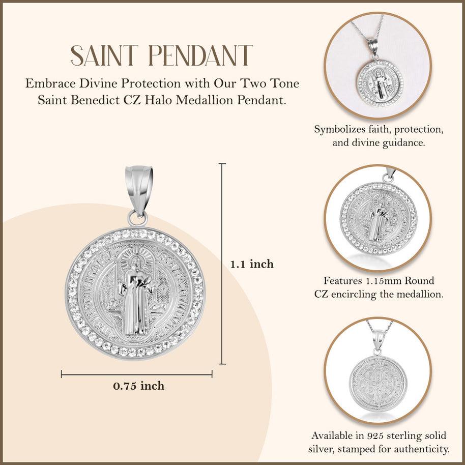 .925 Sterling Silver Saint Benedict Cubic Zirconia Halo Medallion Pendant Necklace (Available in Small/Large)