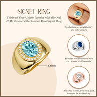 Gold Oval Birthstone Diamond Halo Signet Ring (Available in Yellow/Rose/White Gold)