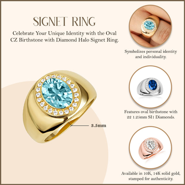 Gold Oval Birthstone Diamond Halo Signet Ring (Available in Yellow/Rose/White Gold)