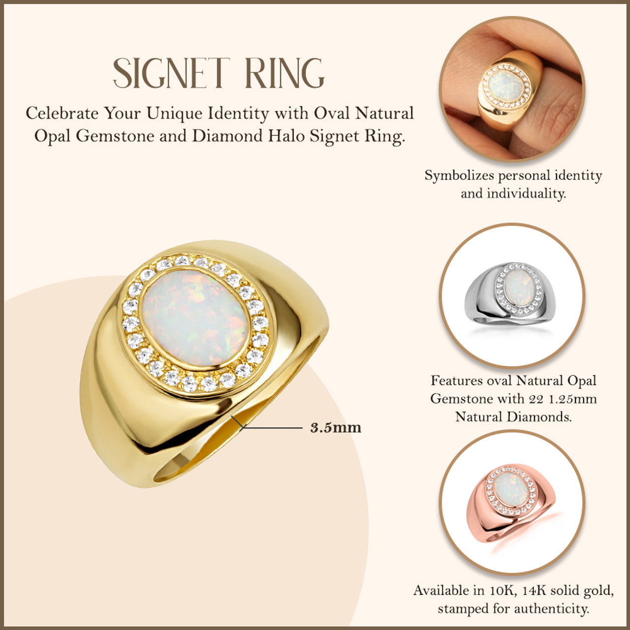 Gold Oval Natural Opal Gemstone Diamond Halo Signet Ring (Available in Yellow/Rose/White Gold)