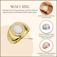 Gold Oval Natural Opal Gemstone Diamond Halo Signet Ring (Available in Yellow/Rose/White Gold)