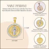 14K Two-Tone Gold Saint Benedict Diamond Halo Medallion Pendant Necklace (Available in Small/Large & Yellow/Rose/White Gold)