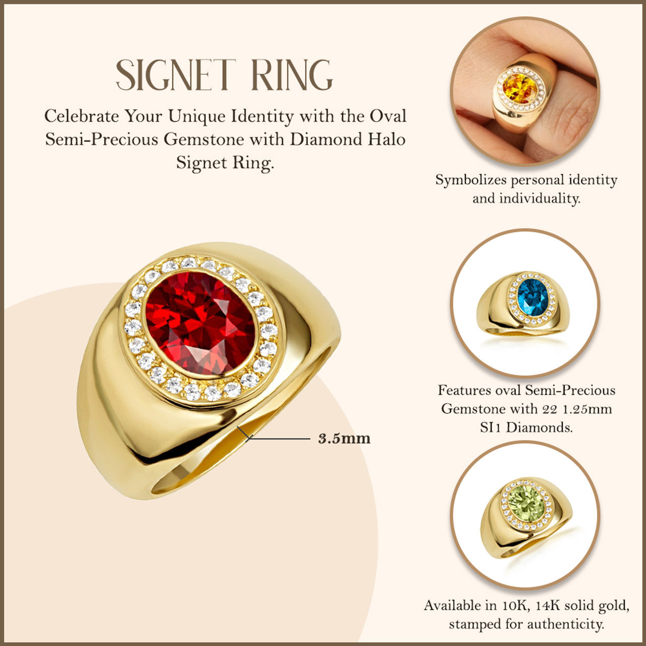 Gold Oval Gemstone Diamond Halo Signet Ring (Available in Yellow/Rose/White Gold)