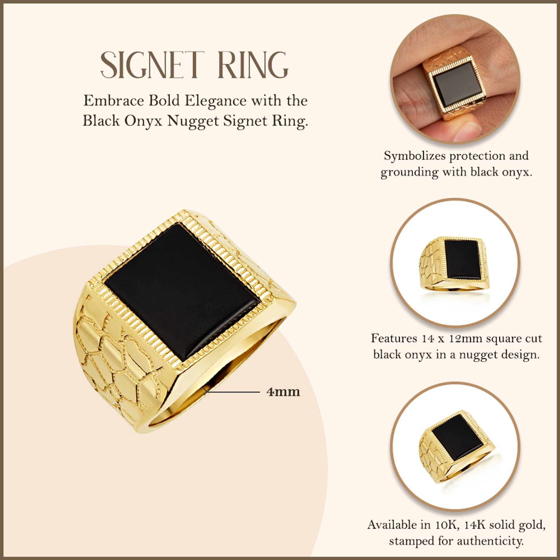 Gold Black Onyx Nugget Signet Ring (Available in Yellow/Rose/White Gold)