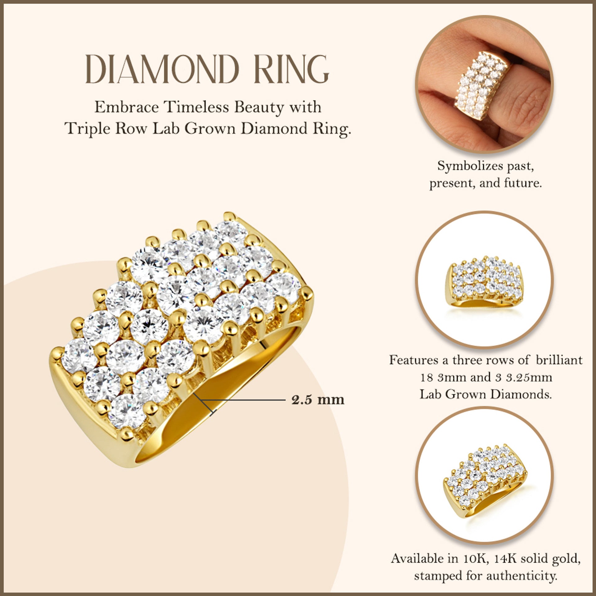 14K Gold Triple Row Lab Created Diamond Ring (Available in Small/Large & Yellow/Rose/White Gold)
