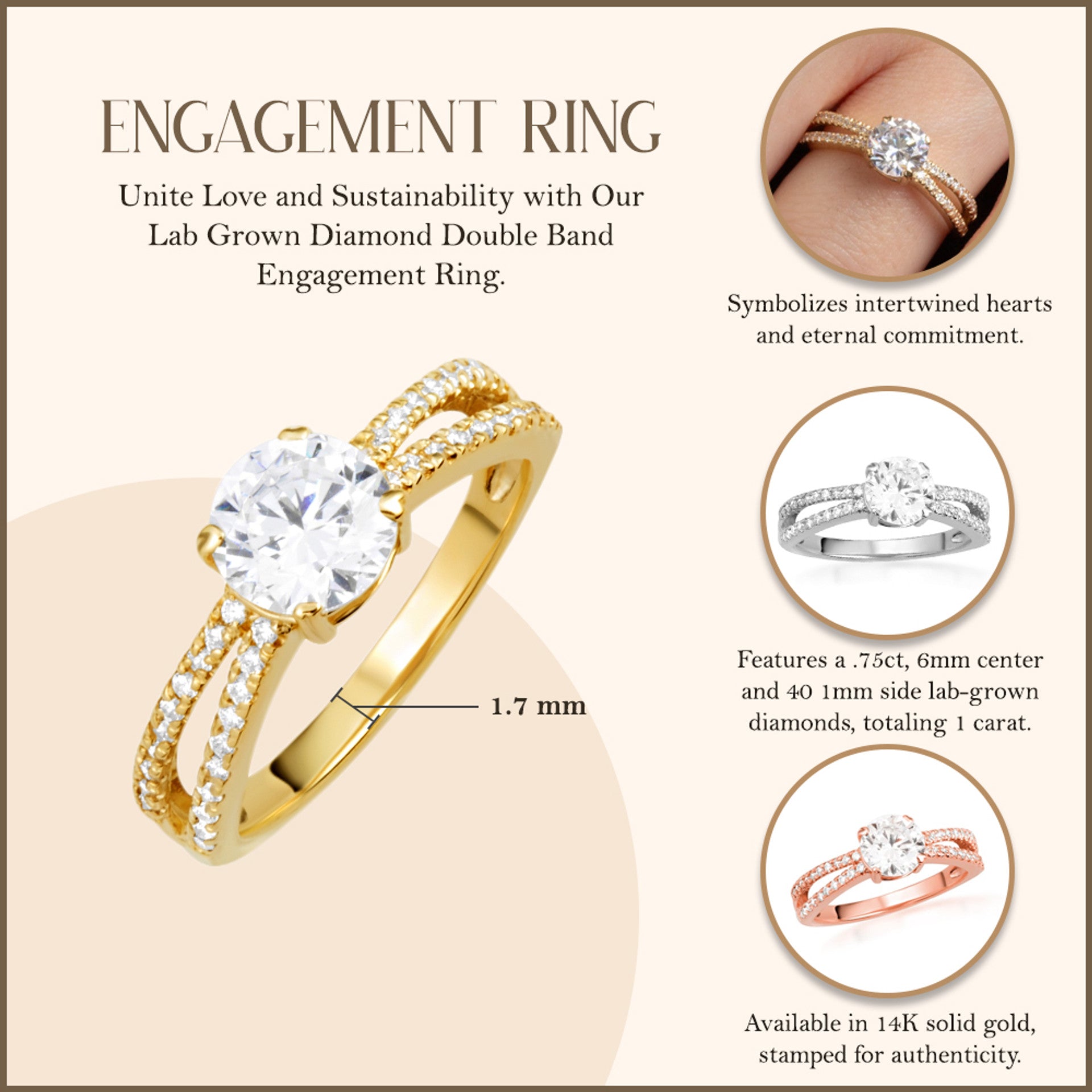 14K Gold Lab Grown Diamond Double Band Engagement Ring (Available in Yellow/Rose/White Gold)
