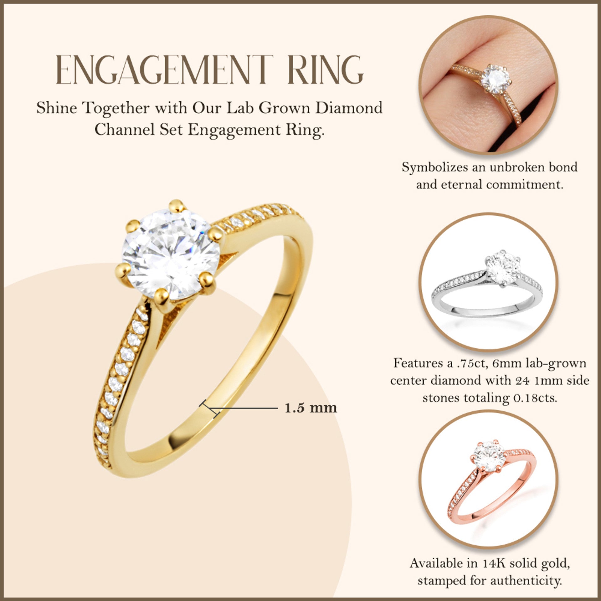 14K Gold Lab Grown Diamond Channel Set Engagement Ring (Available in Yellow/Rose/White Gold)