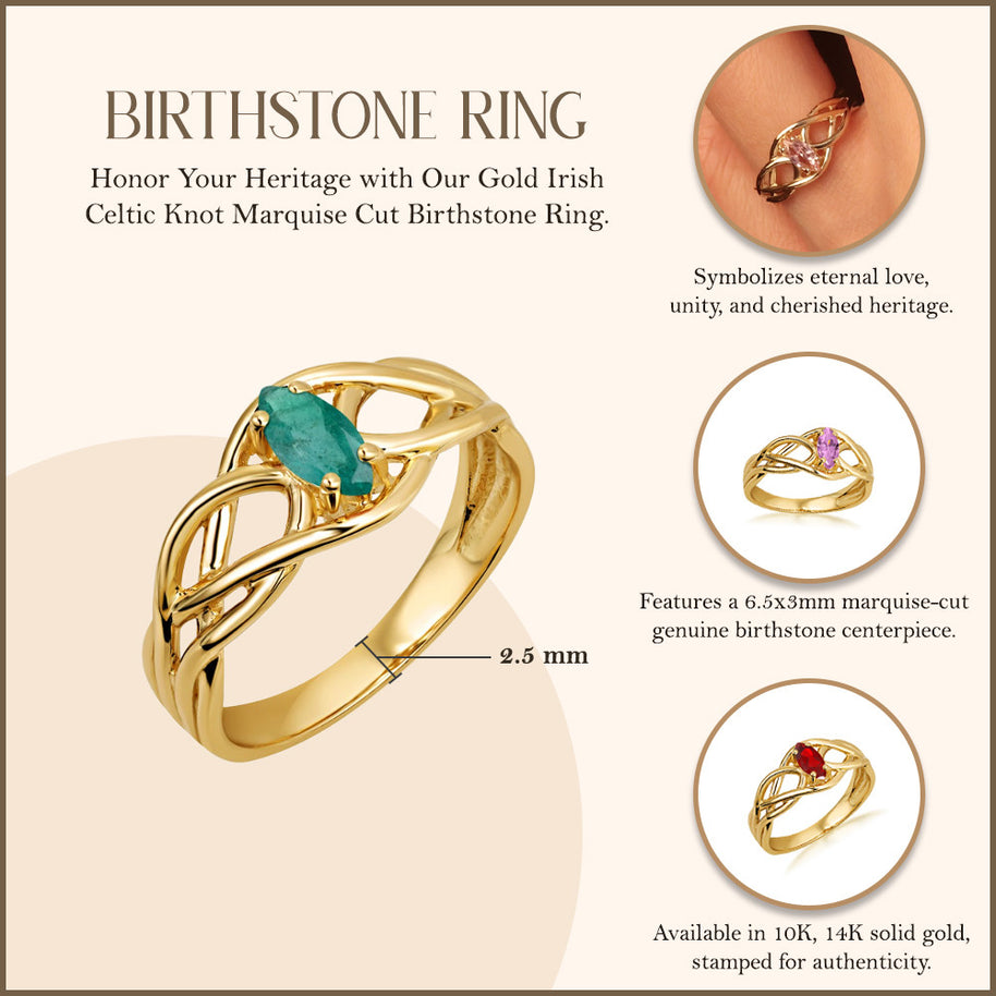 Gold Irish Celtic Knot Marquise Cut Custom Birthstone Ring (Available in Yellow/Rose/White Gold)
