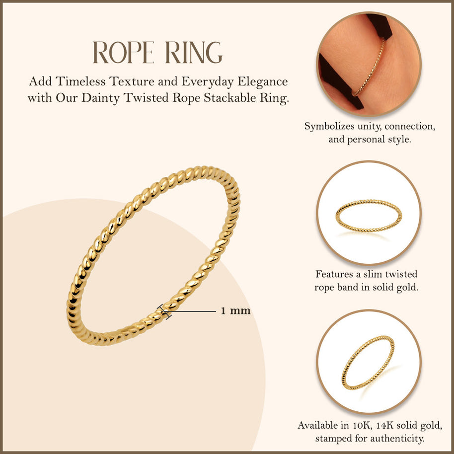 10K/14K Gold Twisted Rope Stackable Ring (Available in Yellow Gold, Rose Gold, White Gold)