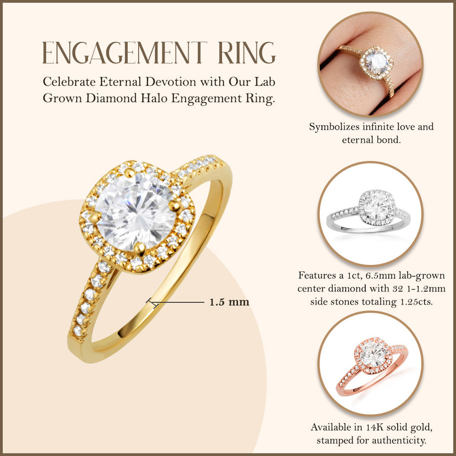 14K Gold Lab Grown Diamond Halo Engagement Ring (Available in Yellow/Rose/White Gold)