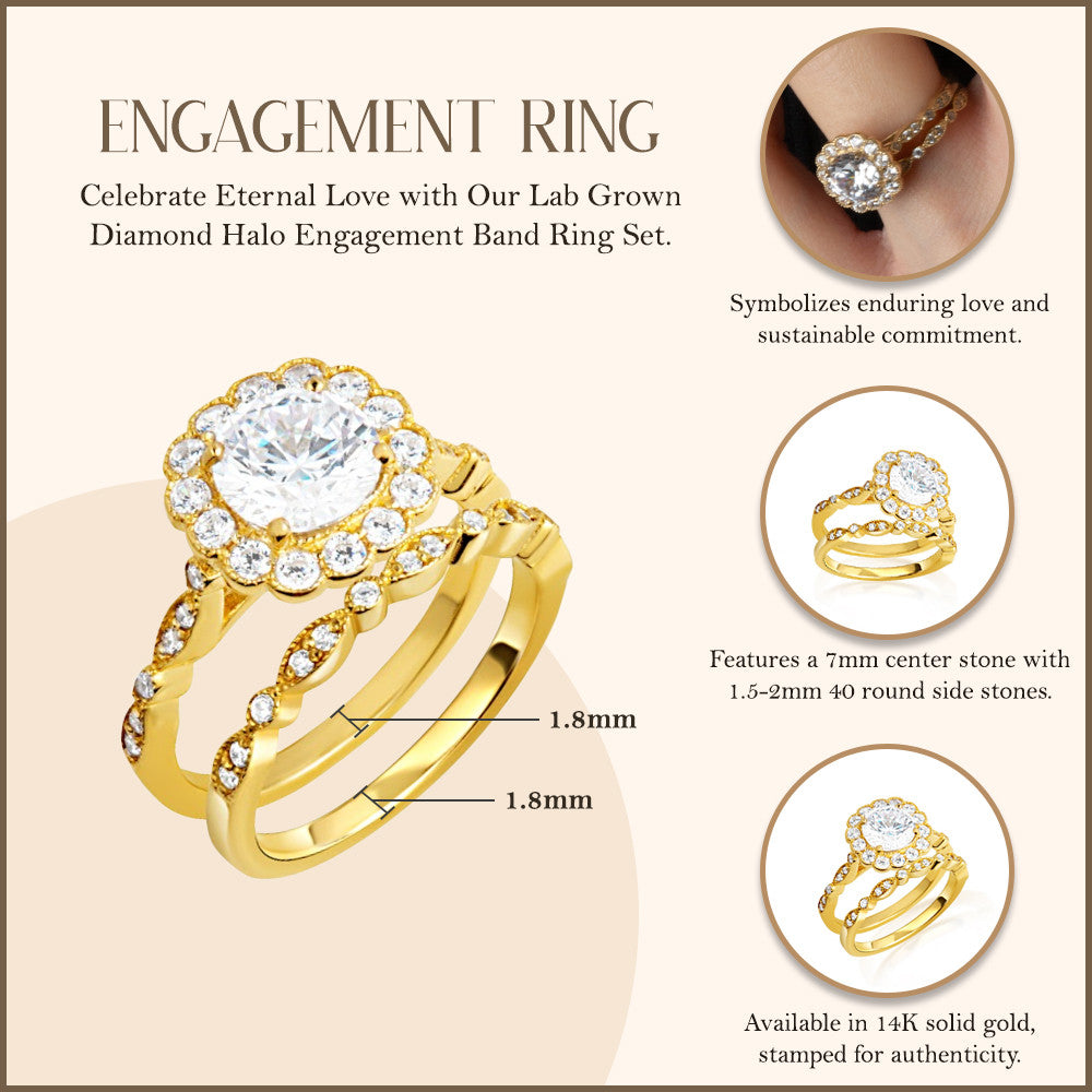 14K Gold Lab Grown Diamond Halo Engagement Band Ring Set (Available in Yellow/Rose/White Gold)