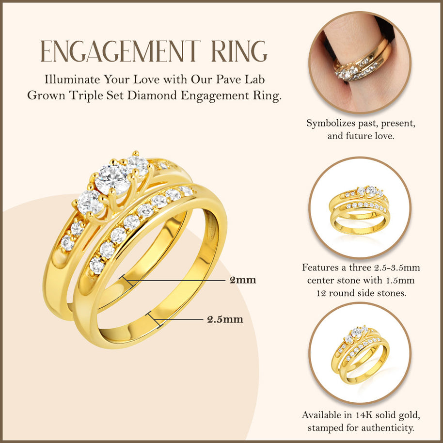 14K Gold Pave Lab Grown Triple Set Diamond Engagement Band Ring Set (Available in Yellow/Rose/White Gold)