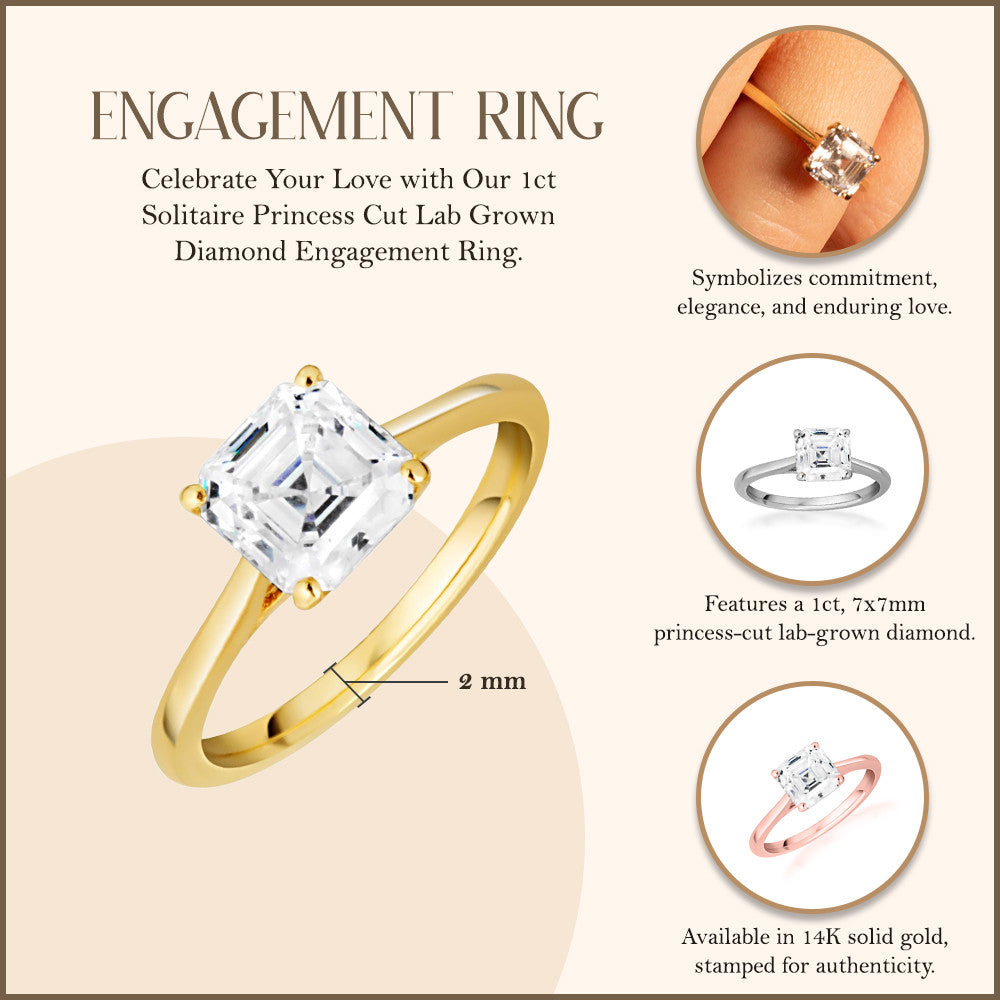 14k Gold Solitaire Princess Cut Lab Grown Diamond Engagement Ring 1ct