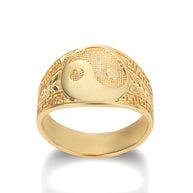 Gold Large Chinese Yin & Yang Tai Chi Textured Greek Key Olive Branch Ring (Available in Yellow/Rose/White Gold)