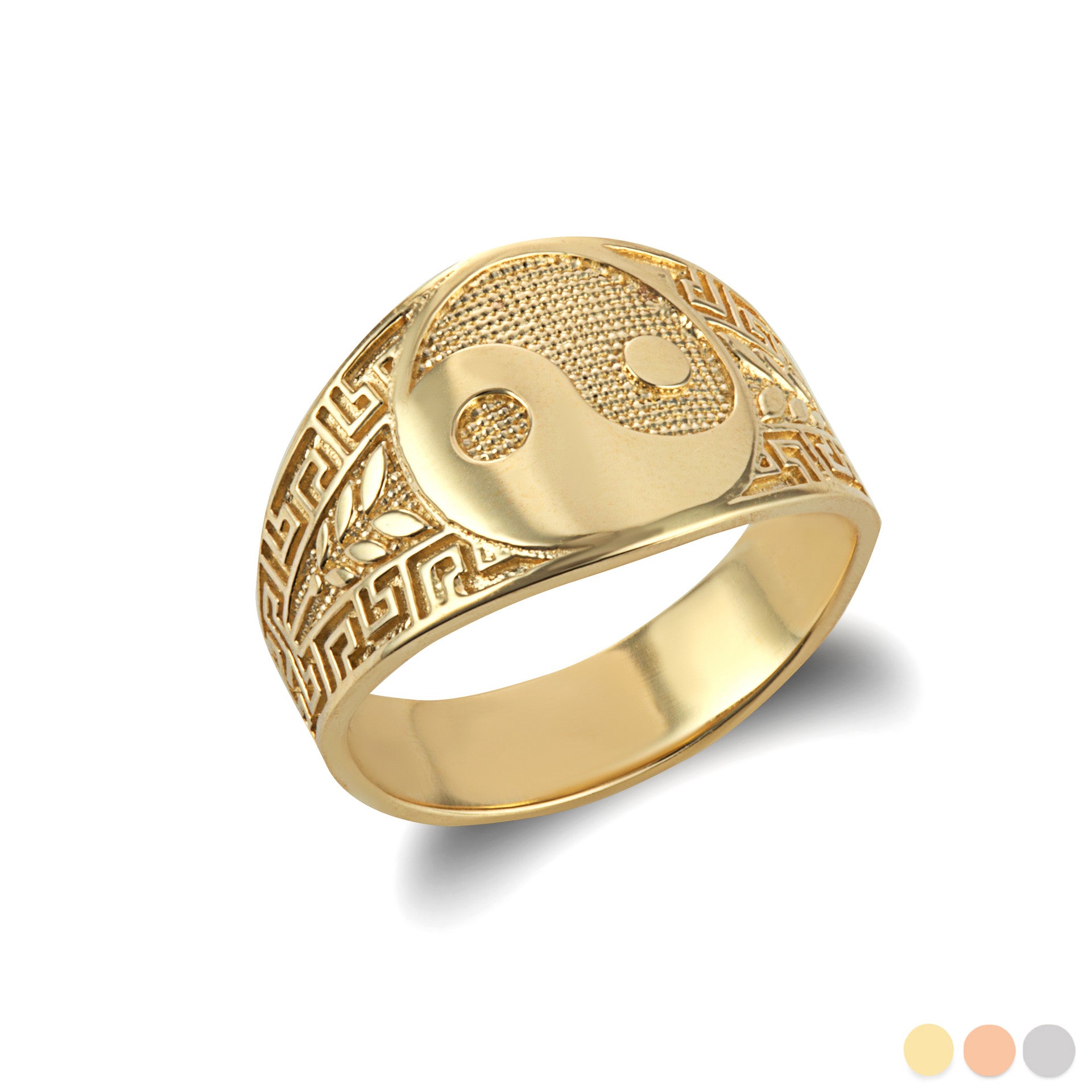 Gold Large Chinese Yin & Yang Tai Chi Textured Greek Key Olive Branch Ring (Available in Yellow/Rose/White Gold)