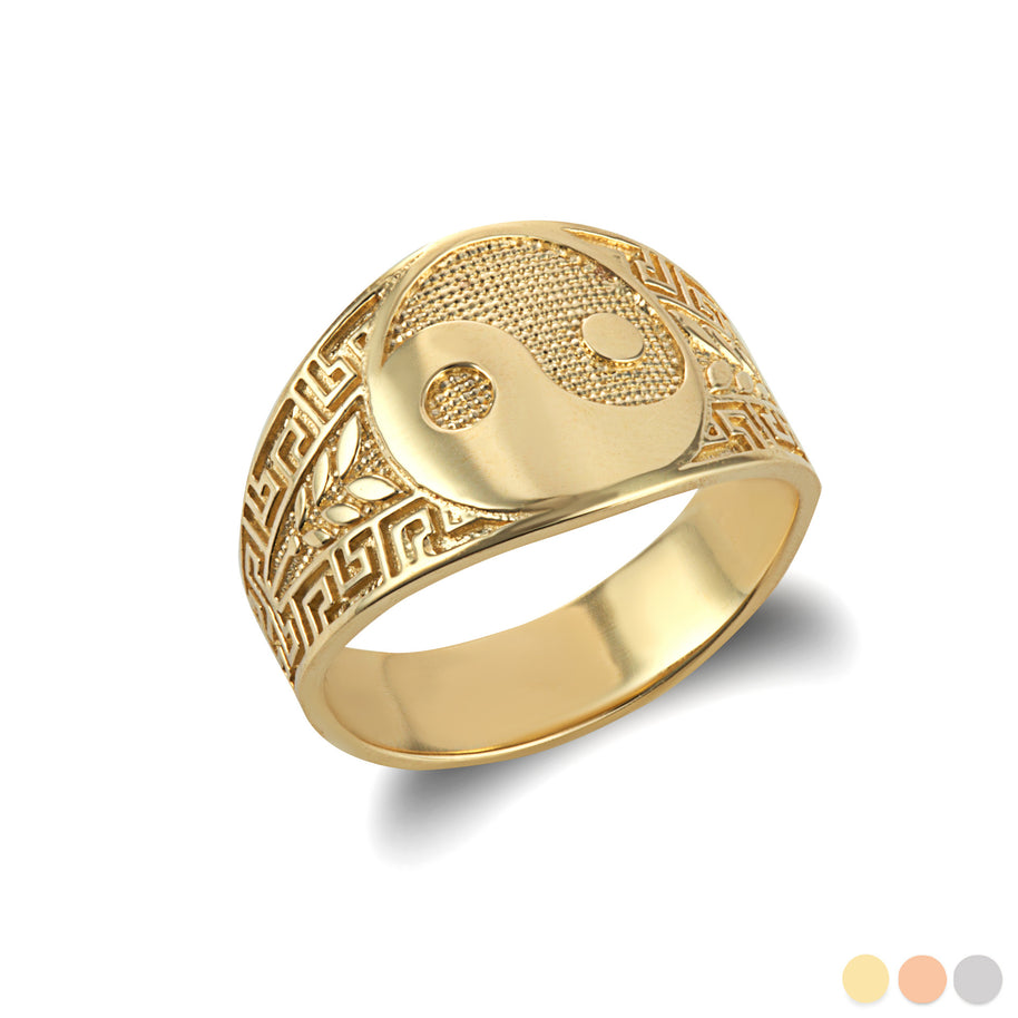Gold Large Chinese Yin & Yang Tai Chi Textured Greek Key Olive Branch Ring (Available in Yellow/Rose/White Gold)