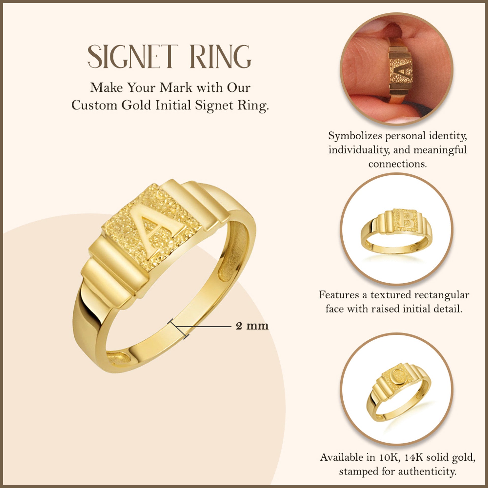 Gold Initial Signet Ring (Available in Yellow Gold, Rose Gold, White Gold)