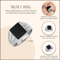 .925 Sterling Silver Emerald Cut Black Onyx Gemstone Signet Ring