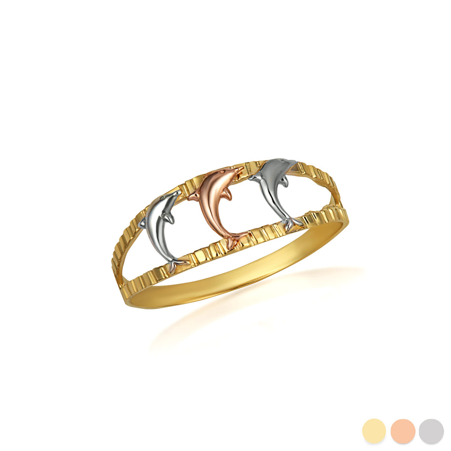 Tri-Color Gold Diamond Cut Dolphins Ring (Available in Yellow/Rose/White Gold)