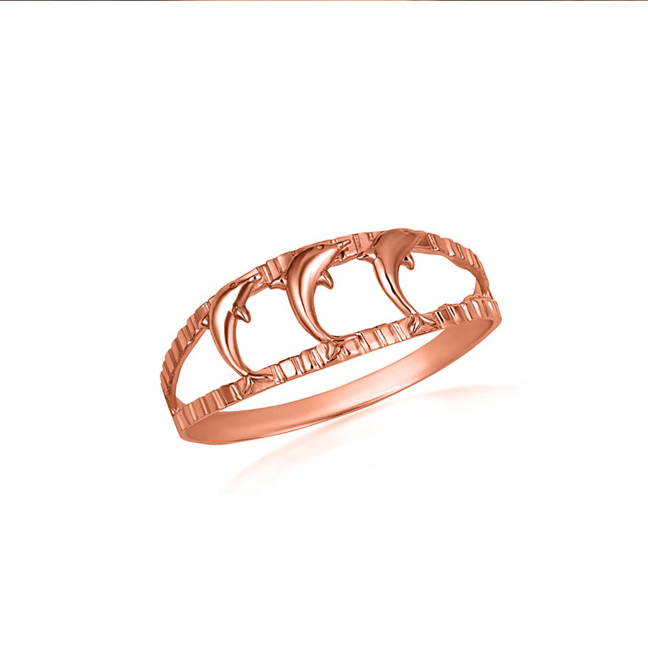 Tri-Color Gold Diamond Cut Dolphins Ring (Available in Yellow/Rose/White Gold)