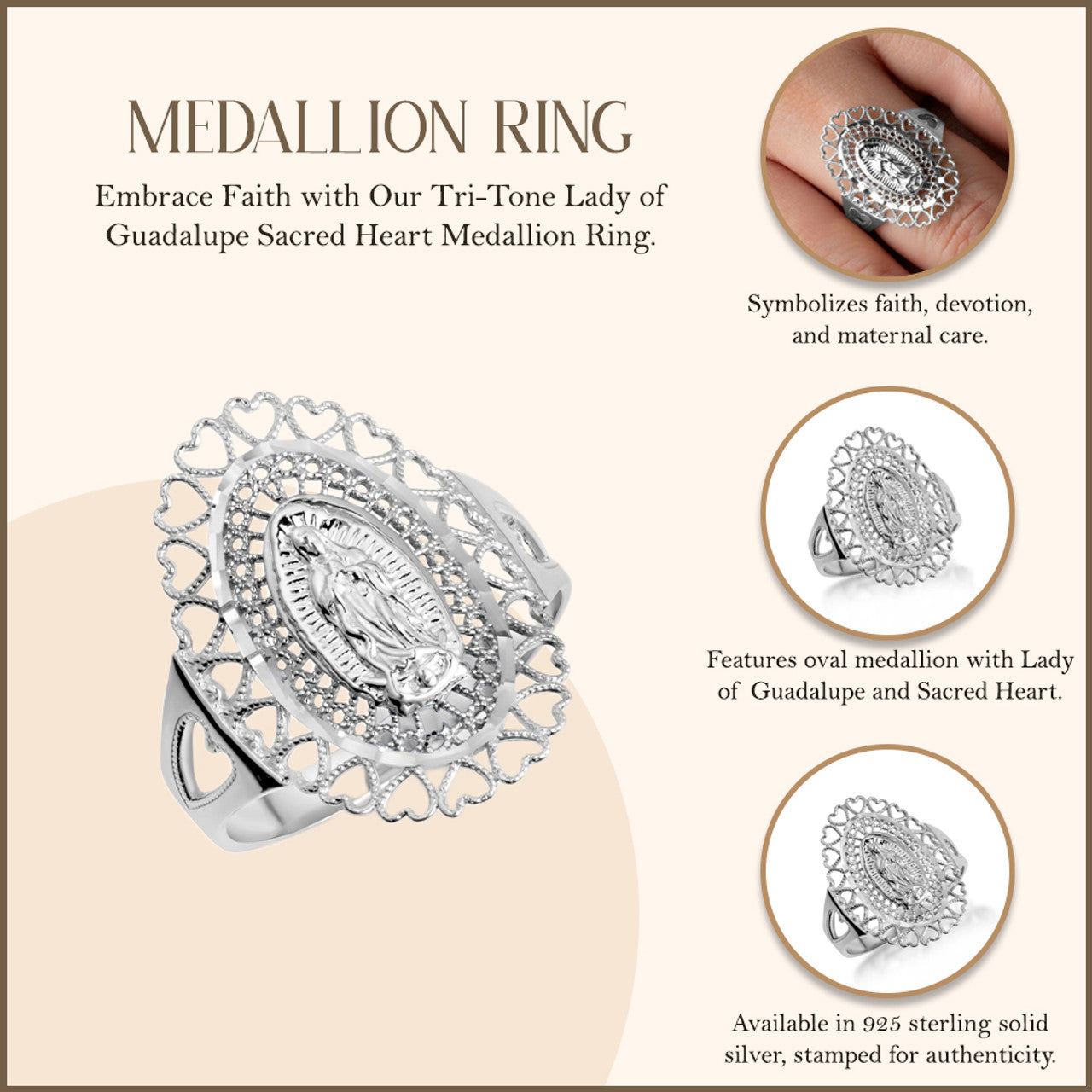 .925 Sterling Silver Lady Of Guadalupe Sacred Heart Oval Medallion Ring