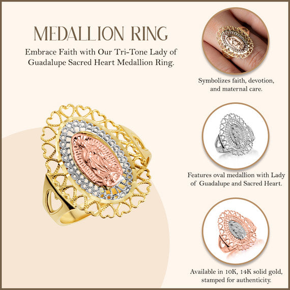 Tri-Color Gold Lady Of Guadalupe Sacred Heart Oval Medallion Ring (Available in Yellow/Rose/White Gold)
