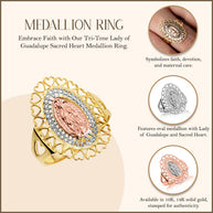 Tri-Color Gold Lady Of Guadalupe Sacred Heart Oval Medallion Ring (Available in Yellow/Rose/White Gold)