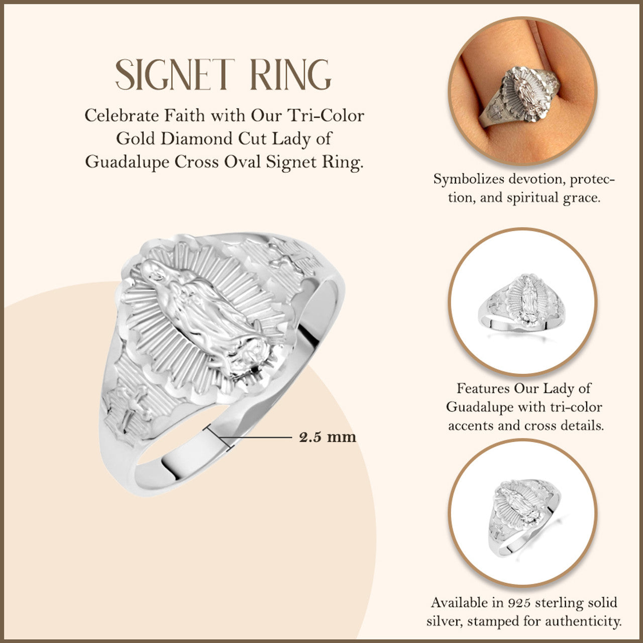 .925 Sterling Silver Diamond Cut Our Lady of Guadalupe Cross Oval Signet Ring