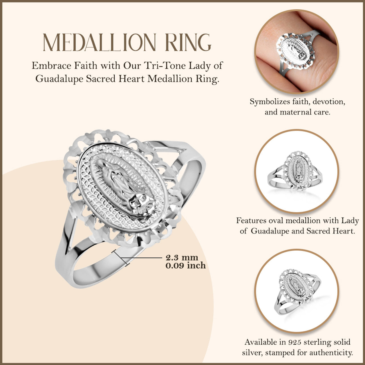 .925 Sterling Silver Lady Of Guadalupe Sacred Oval Medallion Ring