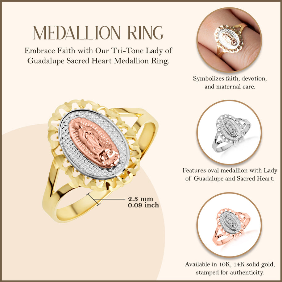 Tri-Color Gold Lady Of Guadalupe Sacred Oval Medallion Ring (Available in Yellow/Rose/White Gold)