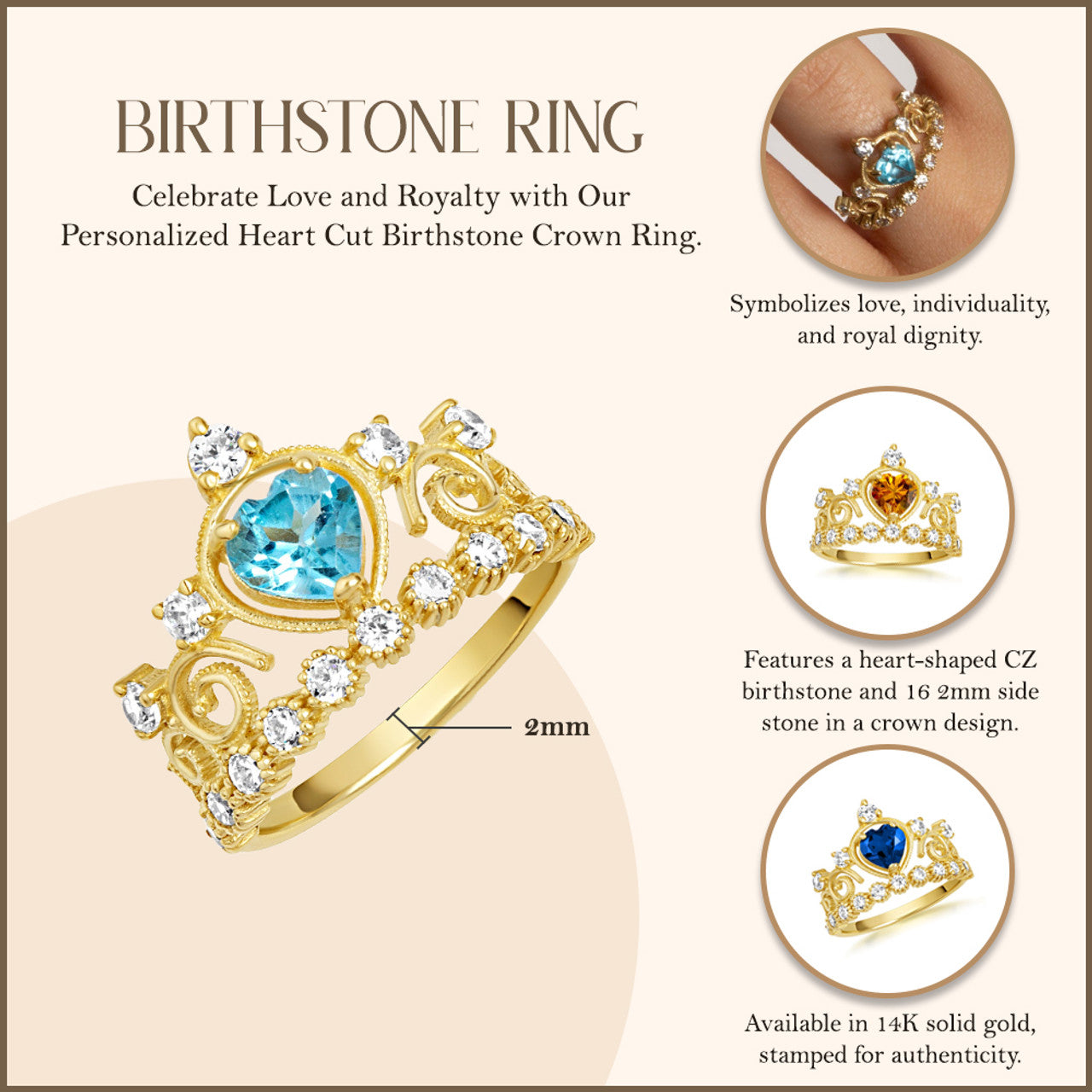 Gold Personalized Heart Cut Birthstone Crown Ring (Available in Yellow /Rose/White Gold)