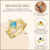 Gold Personalized Heart Cut Birthstone Crown Ring (Available in Yellow /Rose/White Gold)