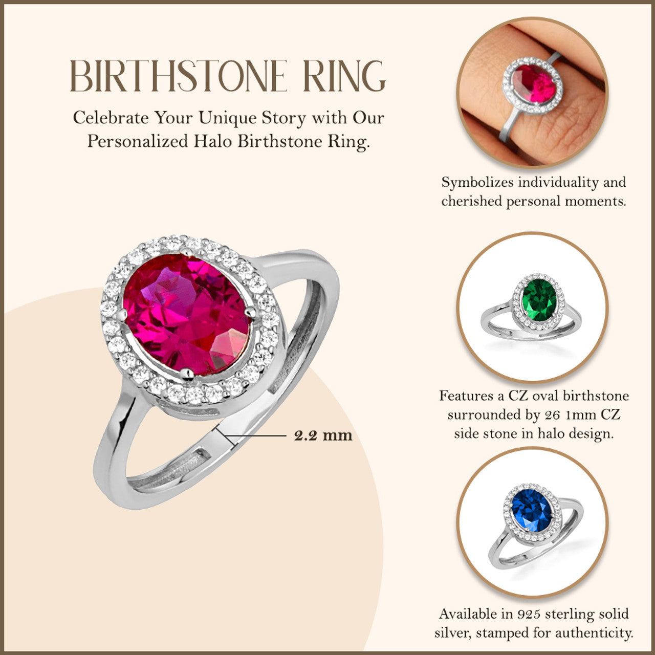 .925 Sterling Silver Personalized Halo Birthstone Ring