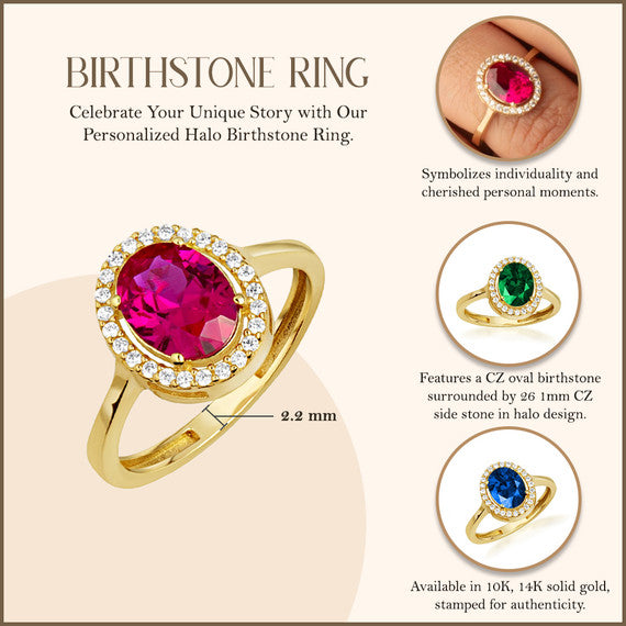 Gold Personalized Halo Birthstone Ring (Available in Yellow/Rose/White Gold)