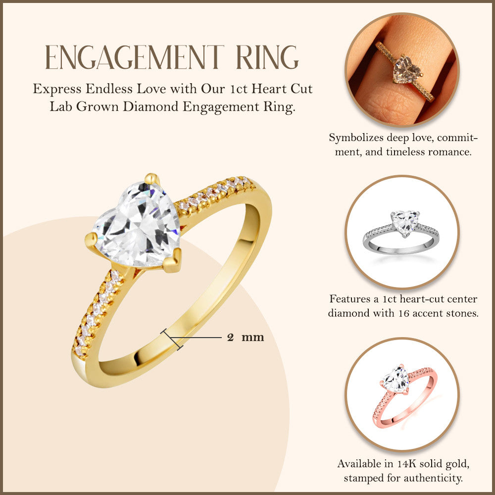 14k Gold Heart Cut Lab Grown Diamond Engagement Ring 1.13cts