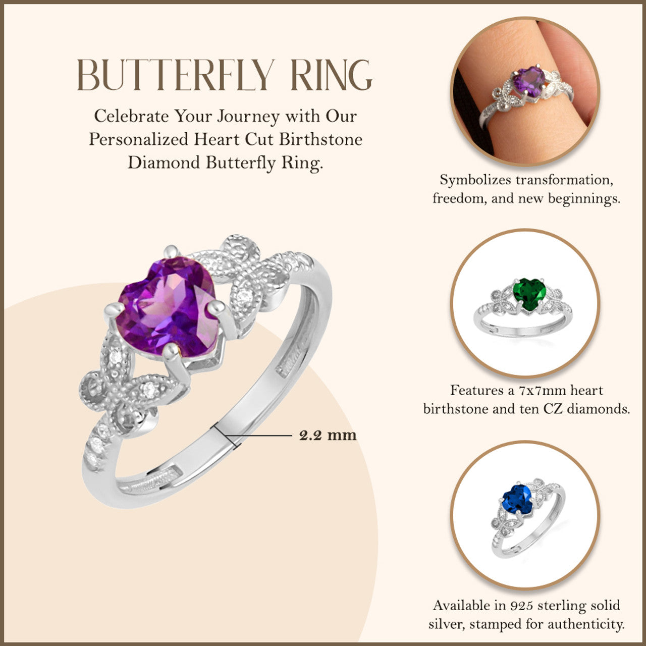 .925 Sterling Silver Personalized Heart Cut Birthstone Diamond Butterfly Ring