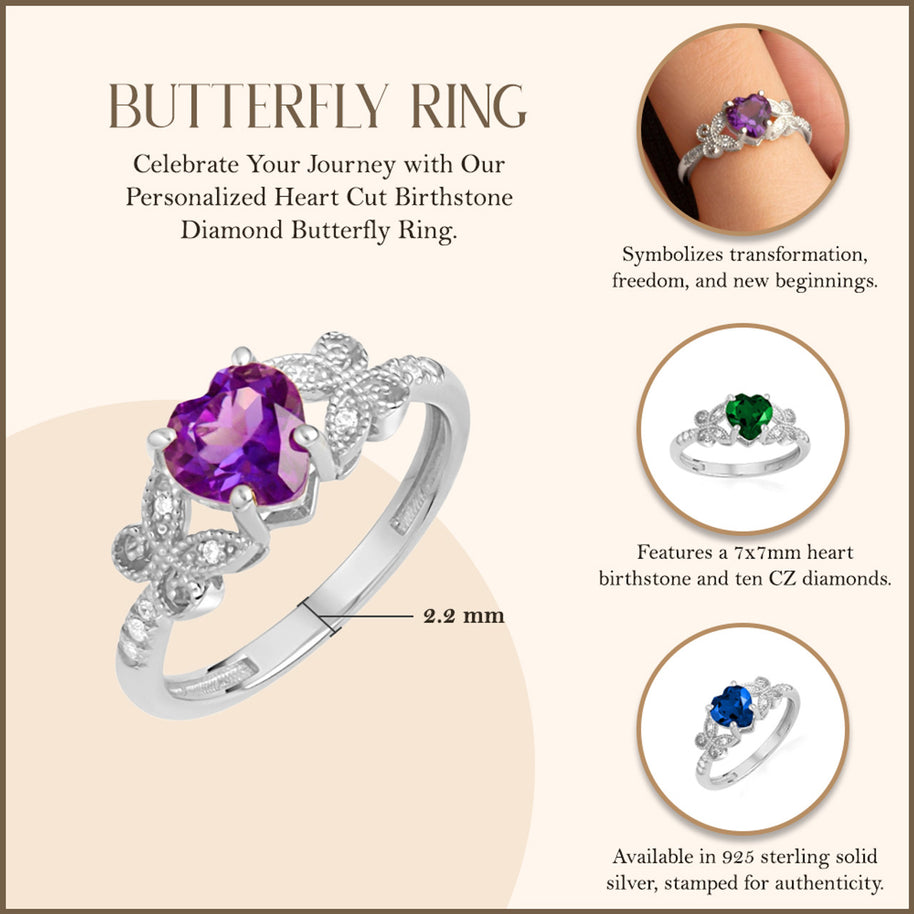 .925 Sterling Silver Personalized Heart Cut Birthstone Diamond Butterfly Ring