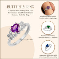 .925 Sterling Silver Personalized Heart Cut Birthstone Diamond Butterfly Ring