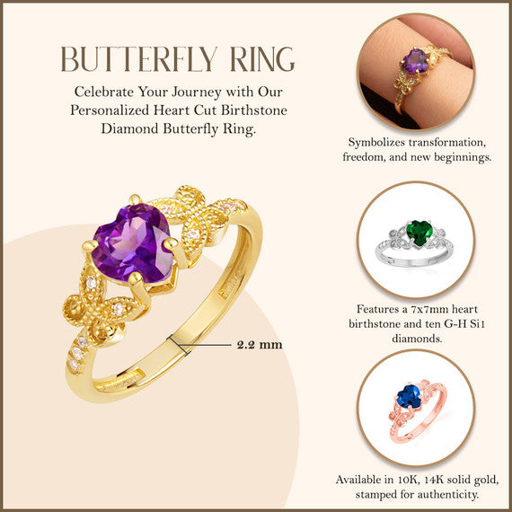 Gold Personalized Heart Cut Birthstone Diamond Butterfly Ring (Available in Yellow/Rose/White Gold)