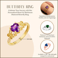 Gold Personalized Heart Cut Birthstone Diamond Butterfly Ring (Available in Yellow/Rose/White Gold)