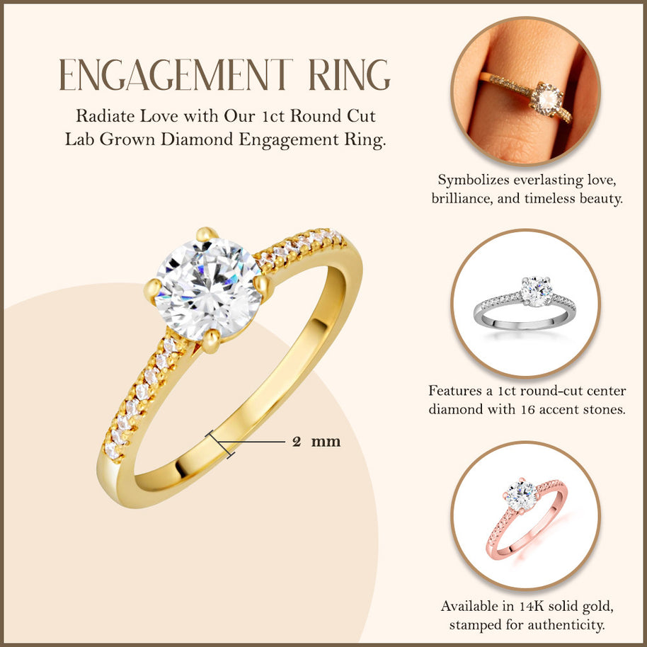 14k Gold Round Cut Lab Grown Diamond Engagement Ring 1.13cts