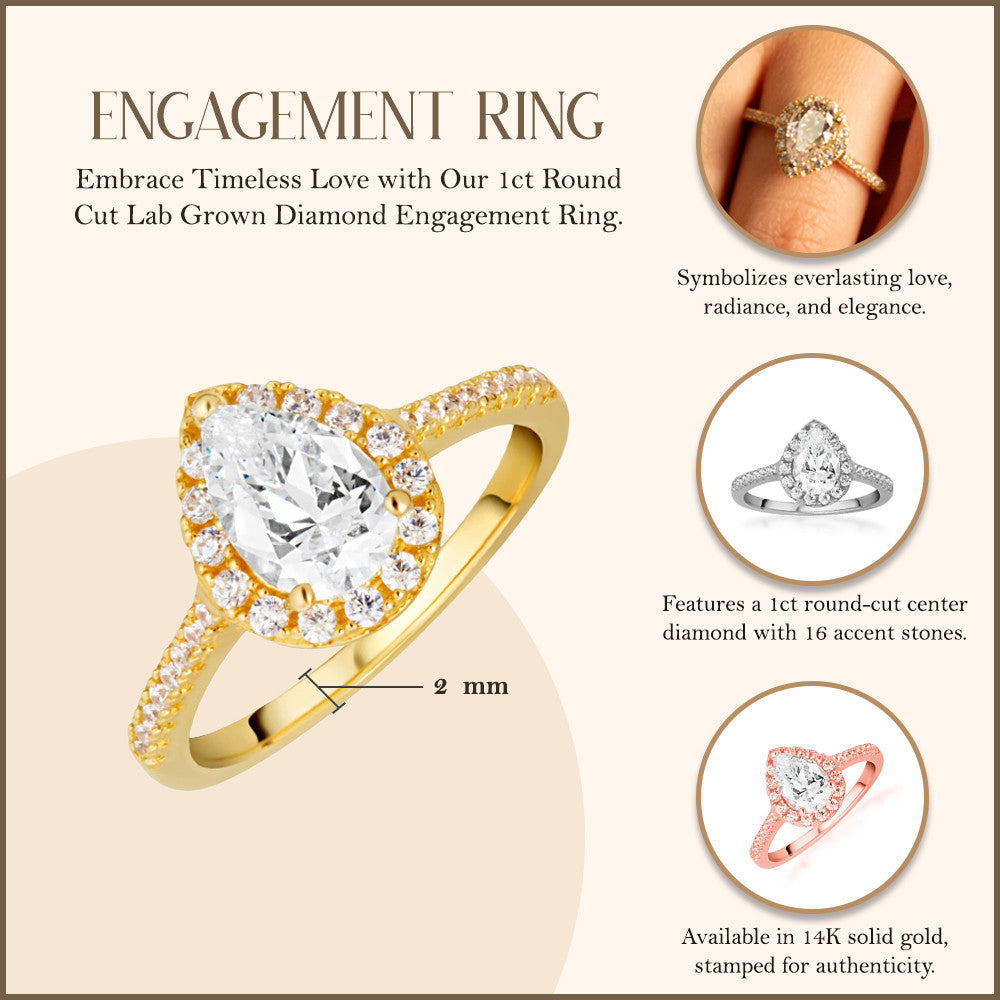 14k Gold Pear Cut Lab Grown Diamond Halo Engagement Ring 1.26cts